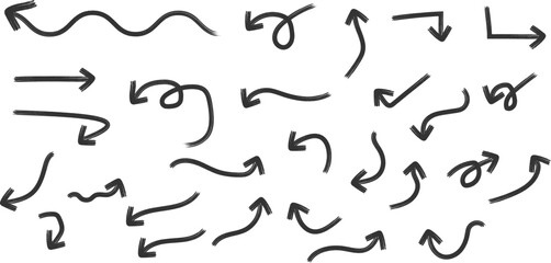 Creative arrows set in grunge style collection, editable vector beautiful and stylish. Bold arrows, graphic set of isolated elements from brush strokes. curved, straight, dotted, and swirled arrows