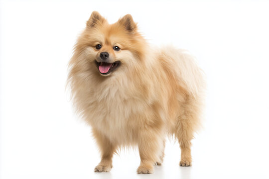 Fluffy pomeranian dog standing proudly on a white background showcasing its playful personality - Powered by Adobe