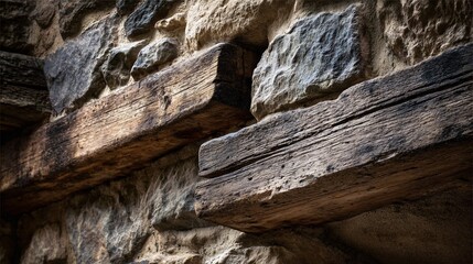 Rustic Wooden Beams on Authentic Stone Wall Background for Interior Design Inspiration