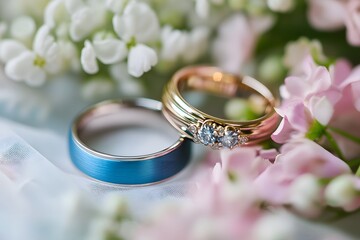Beautiful wedding rings on a light background. Wedding, romantic, festive business card. Love.