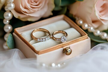 Beautiful wedding rings on a light background. Wedding, romantic, festive business card. Love.