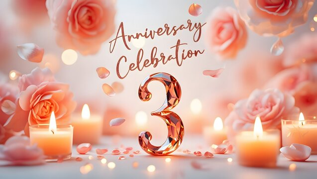 Celebrating a 3rd anniversary with roses and candles, creating a romantic and festive atmosphere for a special milestone event