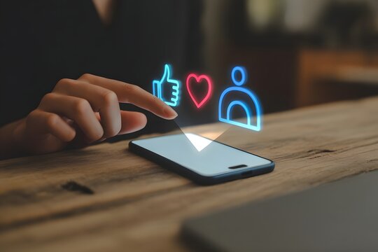 Social Media Interaction: A hand interacts with a smartphone displaying social media icons of 'like,' 'love,' and 'follower', highlighting the core of digital communication