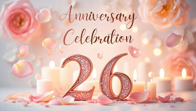 Charming 26th anniversary celebration with roses, candles, and delicate petals, perfect for designing romantic greeting cards and special event themes