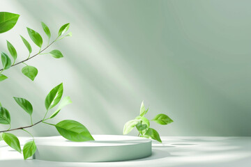 A fresh green branch illuminated by sunlight against a soft background, creating a natural ambiance