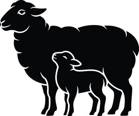 A mother sheep and her lamb standing together in a simple black silhouette against a white background