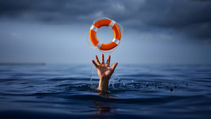 Hand reaching for a lifebuoy in the ocean emergency and desperation concept illustration of drowning and hope in the sea