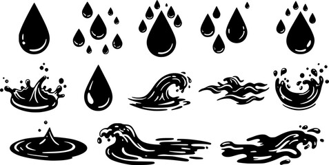 Water drops, black sea ocean waves stencil. Liquid elements, cry droplet icons vector set. Ink, sauce, river isolated splashes