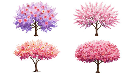 Obraz premium Photo of four watercolor trees with pink and purple flowers isolated on transparent background, ideal for artistic projects