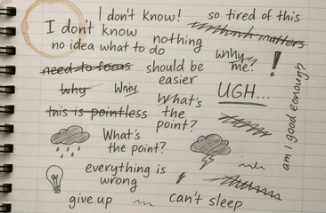 Overwhelmed Journal Page with Anxious Handwritten Thoughts, Scribbles, and Doodles on Lined Paper with Coffee Stain and Shadows