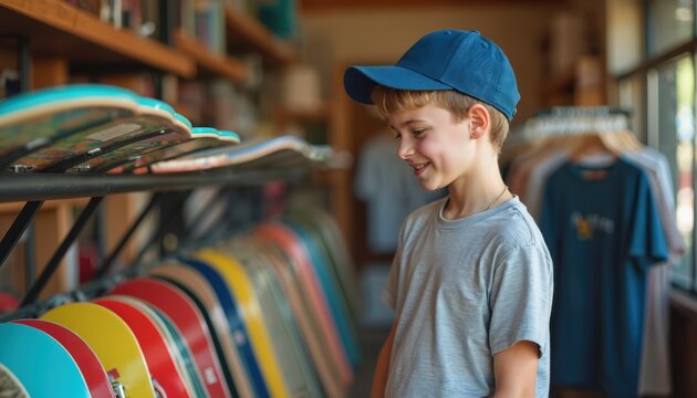Young caucasian boy wearing blue cap happily browses skateboards in store. Variety of colorful boards displayed on rack. Teenager in casual attire, t-shirt, choosing hobby equipment. Indoor youth - Powered by Adobe