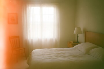Fototapeta premium Sunlit Minimal Bedroom with Light Leak and Lace Curtains - Soft Vintage Glow, Wooden Furniture, and Cozy Atmosphere in Morning Light