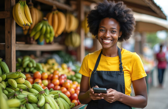 Smiling African woman, likely Nigerian, at vibrant market stall brimming with fresh produce like bananas, watermelons. Wears yellow shirt, black apron, holding mobile POS device, suggesting modern