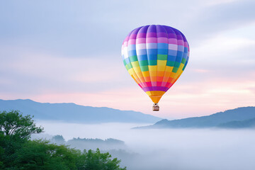 Naklejka premium Colorful hot air balloon soaring above misty mountains during sunrise in a serene landscape
