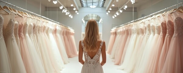 Woman in elegant white wedding dress chooses gown at bridal exhibition. Rows of beautiful dresses in soft colors, lace details, sparkling fabrics offer dreamlike selection process. Focus on choice,