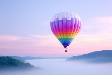 Fototapeta premium Colorful hot air balloon soaring above misty landscape during sunrise with vibrant sky hues