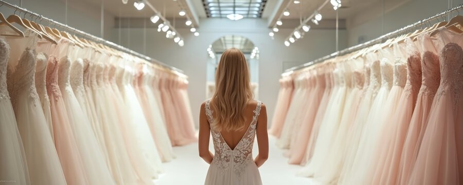 Woman in elegant white wedding dress chooses gown at bridal exhibition. Rows of beautiful dresses in soft colors, lace details, sparkling fabrics offer dreamlike selection process. Focus on choice,