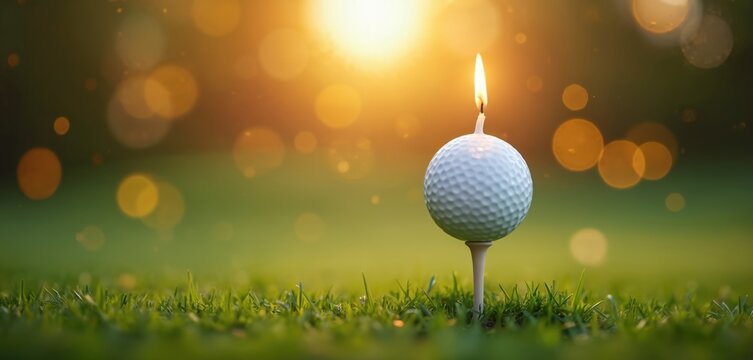 Golf ball with lit candle atop tee on grass. Unique birthday celebration for golfer, party scene. Festive, joyful golf theme for special occasion, happy summer outdoor event.