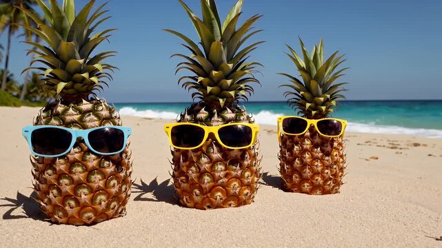 vibrant tropical beach scene five pineapples wearing colorful sunglasses arranged row sand capturing cheerful vacation vibes summer fun crisp 4K