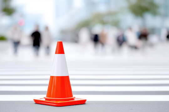 Bright orange traffic cone positioned on crosswalk with blurred pedestrians in urban environment