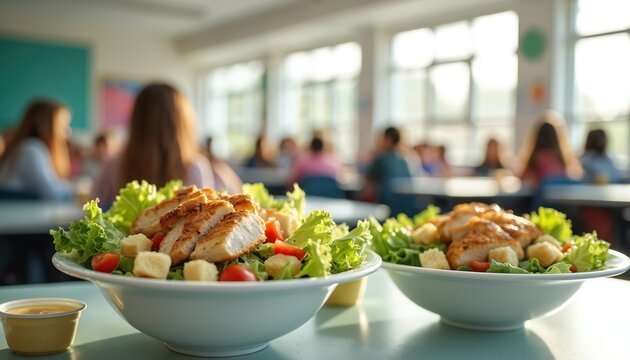 School cafeteria serves grilled chicken Caesar salad for lunch. Fresh lettuce, croutons, tomatoes with Caesar dressing offer balanced meal option. Students enjoy healthy dining experience in bright