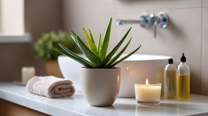 Fototapeta premium Relaxing Spa Setting with Aloe Vera Plant and Candle Light