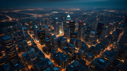 Fototapeta premium Spectacular aerial view of a vibrant city skyline at twilight with gleaming skyscrapers and interconnected streets
