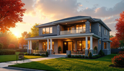 Modern suburban house for sale glows with sunset light. Features green lawn, inviting front porch with contemporary architecture, stylish landscaping. Bright, cosy luxury home offers serene