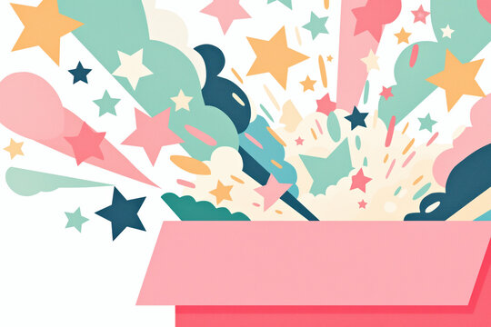 Colorful explosion of stars and shapes emerging from a pink gift box 