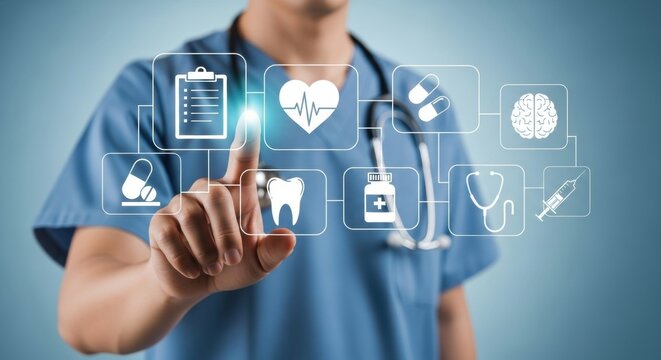 A medical professional in blue scrubs interacts with a digital interface displaying various healthcare icons, symbolizing advancements in medical technology and patient care