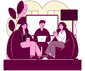 Flat Minimalist Illustration of a Small Team Sitting in a Breakout Meeting Area With Beanbags, Whiteboard Behind Them, Positive Expressions, Indoor Plants, and Modern Interior Design