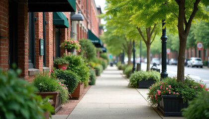 Fototapeta premium Sunny day on charming American street with brick buildings, green trees, colorful potted plants lining sidewalk. Businesses like eateries, shops create vibrant downtown atmosphere. Scene offers