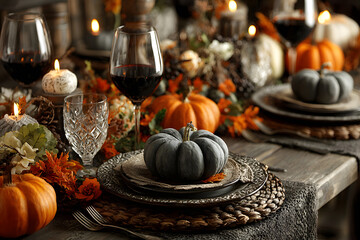 Thanksgiving table setting with automnal decorations, pumpkins, glasses and plates. Holidays, catering and hospitality concept.