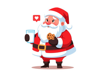 Obraz premium Flat illustration of santa claus holding a cookie and glass of milk with a social media like icon, isolated on white background