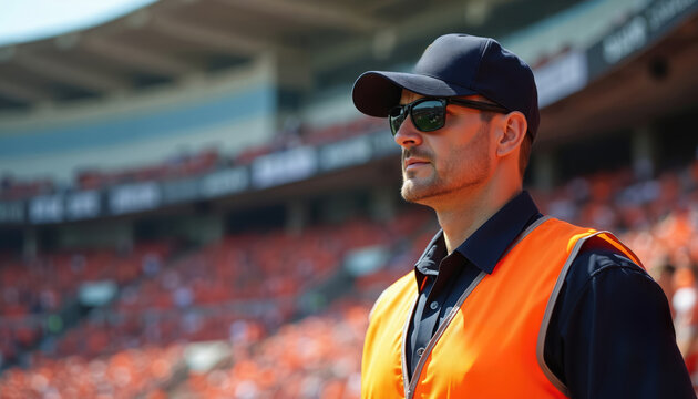 Stadium security officer wears orange vest and dark cap with sunglasses. He stands in front of blurred crowd at sports event, ensuring fan safety and public order during match.