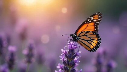 Obraz premium Monarch butterfly rests on a purple flower. Its vibrant orange wings with black patterns are visible. This insect is part of a blooming garden during summer or spring, showcasing nature beauty.