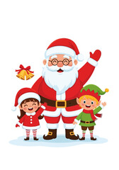 Flat illustration of santa claus with two happy children, a girl and an elf, isolated on white background