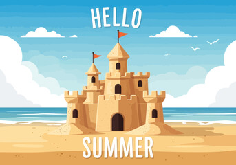 Flat illustration of hello summer greeting with a sandcastle on a sunny beach with blue sky and clouds