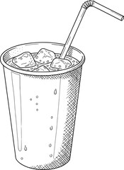 Paper cup of soft drink with straw and ice cubes, fine line art, with hand-drawn style