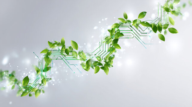 Green leaves intertwined with digital circuit patterns