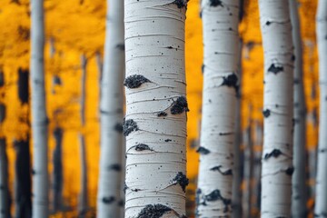 Fototapeta premium Aspen Tree Trunks in Autumn with Yellow Foliage Background, Forest Scenery