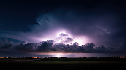 Dramatic thunderstorm clouds illuminated by lightning over a serene landscape at night