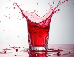 Vibrant red liquid splashes dynamically from clear glass, creating energetic refreshing visual. Crimson beverage in glassware with ice, evoking cold, clean, tasty refreshment. Isolated shot for