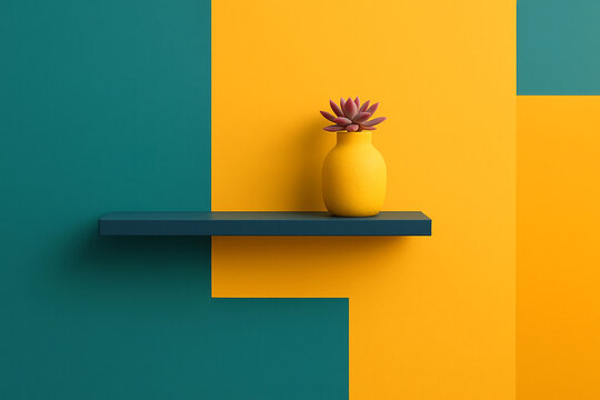Minimalist home interior with a succulent plant on a shelf against a bold geometric teal and yellow background - Powered by Adobe