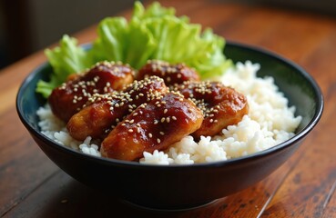 Bowl of teriyaki chicken over white rice, garnished with sesame seeds, lettuce. Savory dish features tender chicken glazed in sweet teriyaki sauce, served with fluffy rice. Delicious, healthy meal