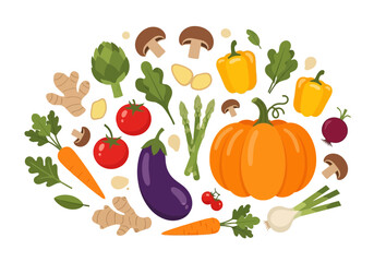 Fototapeta premium Flat illustration of assortment of fresh, healthy vegetables and ingredients arranged in a colorful and vibrant display for healthy eating