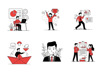 Obraz premium Flat illustration of a collection of businessrelated illustrations depicting success, teamwork, analysis, and career growth in a modern style