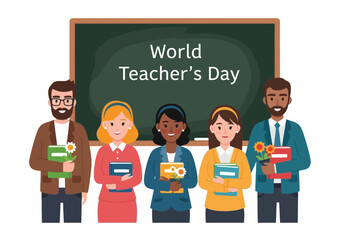 Flat illustration of diverse group of teachers holding books and flowers in front of a blackboard celebrating world teachers day