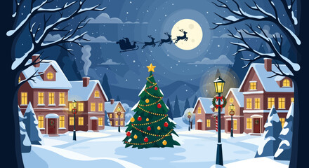 Fototapeta premium Flat illustration of magical christmas village scene at night with santas sleigh flying over a decorated tree under the full moon, surrounded by snowcovered houses and trees