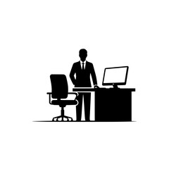 Silhouette of a businessman in a suit standing at a desk with a computer and an office chair, symbolizing professionalism.